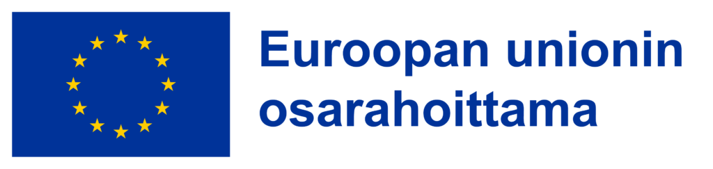 Euroopan unionin lippu, jossa on kaksitoista keltaista tähteä sinisellä taustalla, sekä sen vieressä suomenkielinen teksti: ”Euroopan unionin osarahoittama”, joka tarkoittaa ”Euroopan unionin osarahoittama”.