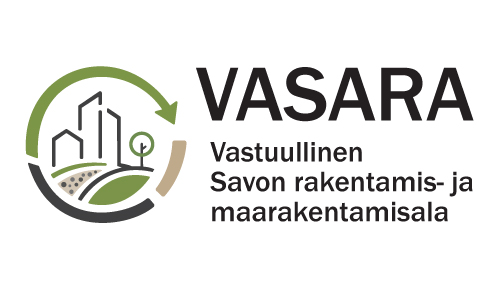 Logo, jossa on tyyliteltyjä rakennuksia, puu ja kaarevia viivoja pyöreän vihreän nuolen sisällä. Teksti kuuluu: VASARA – Vastuullinen Savon rakennus- ja maarakennusala.