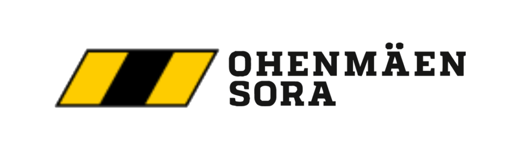Ohenmäen Soran logo, joka koostuu vinosta keltaisesta ja mustasta suorakulmiosta sekä yrityksen nimestä, joka on kirjoitettu lihavoidulla, mustalla serif-fontilla.