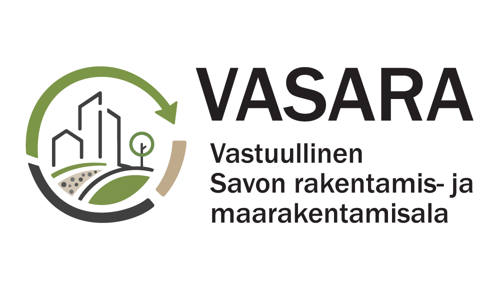 Vasaran logo, jossa on pyöreä nuolipiktogrammi rakennuksen ja puun siluetin ympärillä sekä teksti Vasara Vastuullinen Savon rakennus- ja maarakennusala.